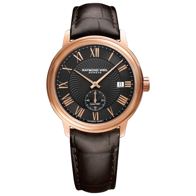 Ремешок Raymond Weil оригинал из кожи теленка (имитация аллигатора), коричневый, коричневые стежки, 20мм, под клипсу, для часов Raymond Weil Maestro 2238